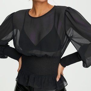 Sheer smocked waist black blouse split neck BEDO